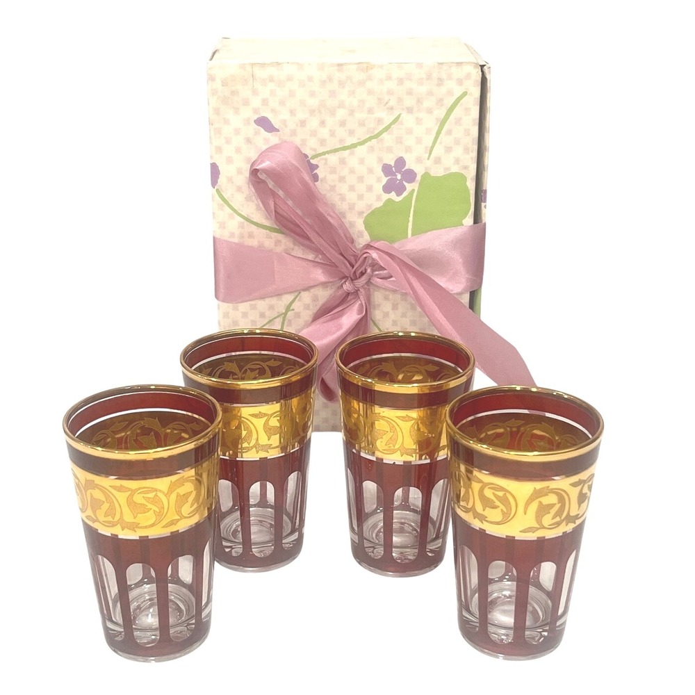 Vintage MCM ruby red flashed gold band panel‎ 3 3/4" glasses France BOX moroccan